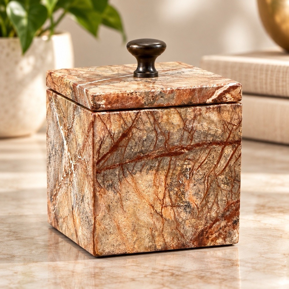 Marble Stone Trinket Box Lidded Square Jewelry Keepsake Brown Veined Decor